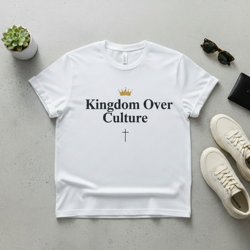 White heavyweight tee with Kingdom Over Culture crown and cross graphic design